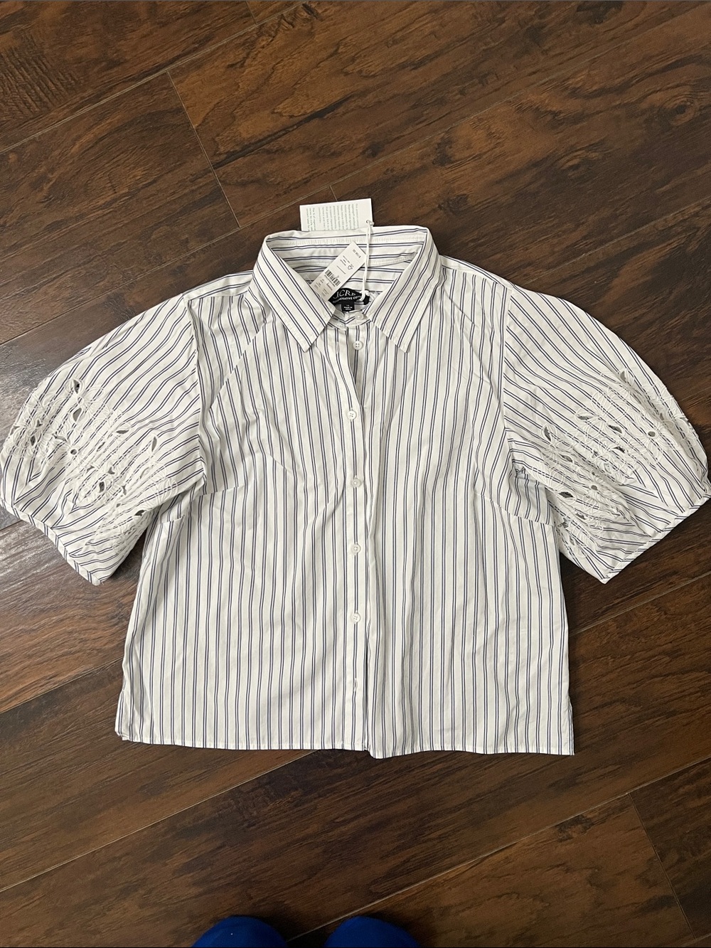 J. Crew Regenerative Cotton Eyelet puff-sleeve shirt in striped cotton poplin